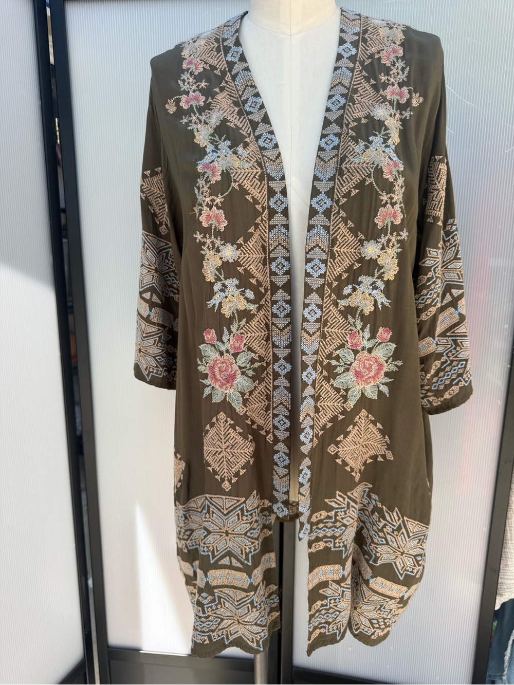 DRIFTWOOD Olive Embroidered Floral Kimono Cardigan